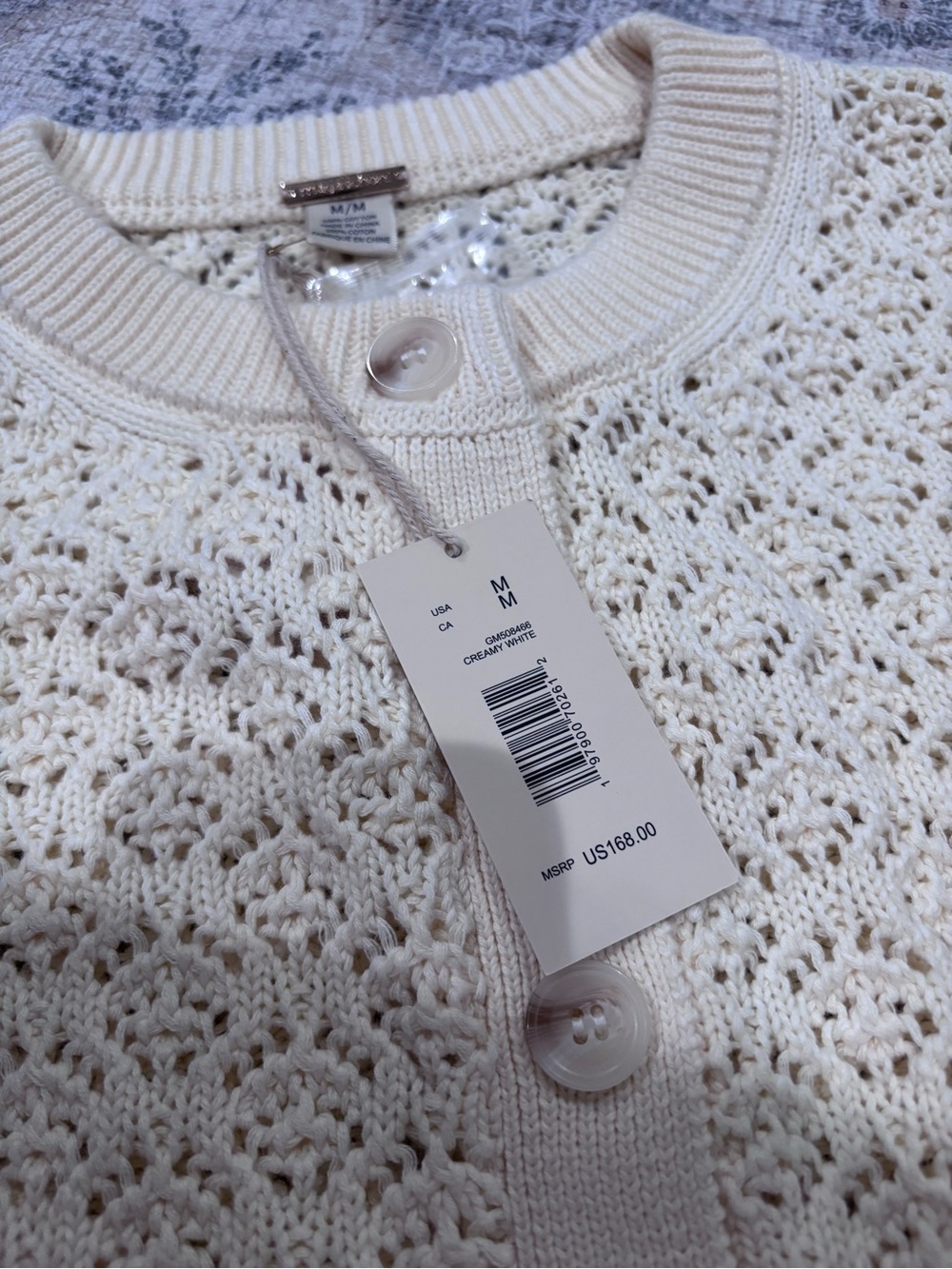 Magaschoni Creamy White Crochet Open-Knit Button-Front Cardigan, size Medium NWT - Picture 3 of 11